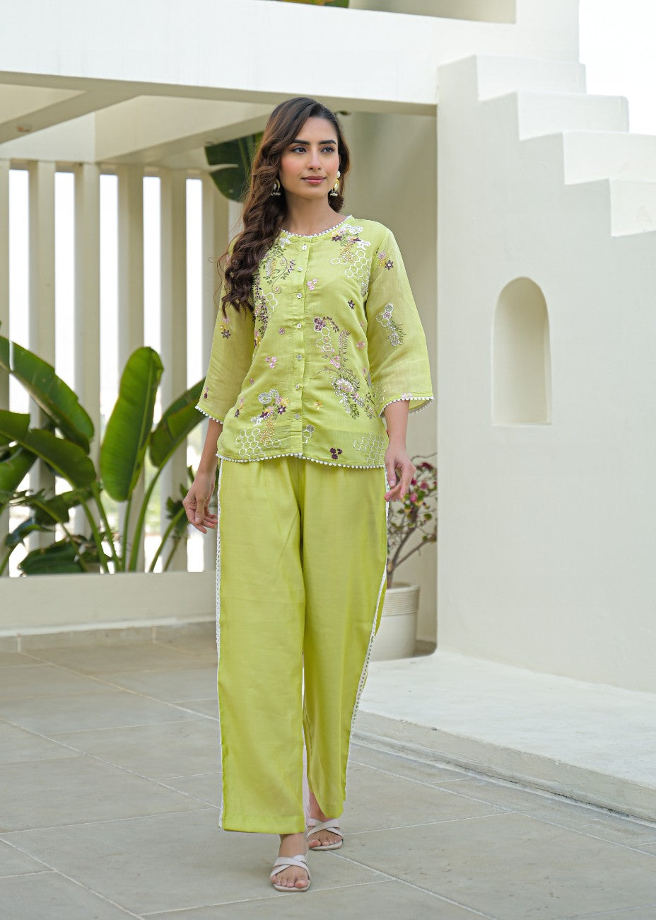 Lime Green Embroidered Kurta & Palazzo Co-Ord Set