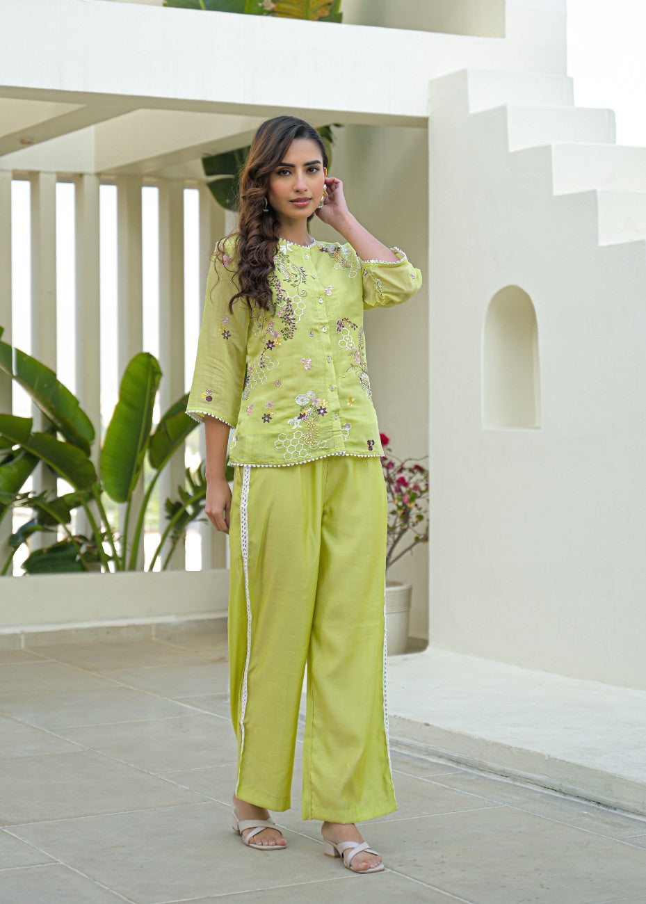 Lime Green Embroidered Kurta & Palazzo Co-Ord Set
