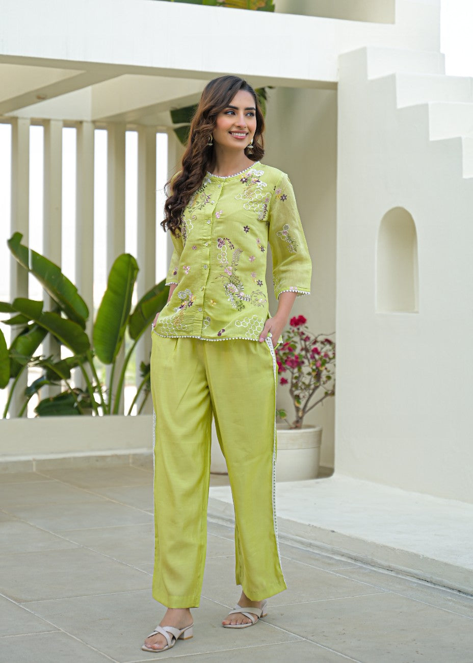Lime Green Embroidered Kurta & Palazzo Co-Ord Set