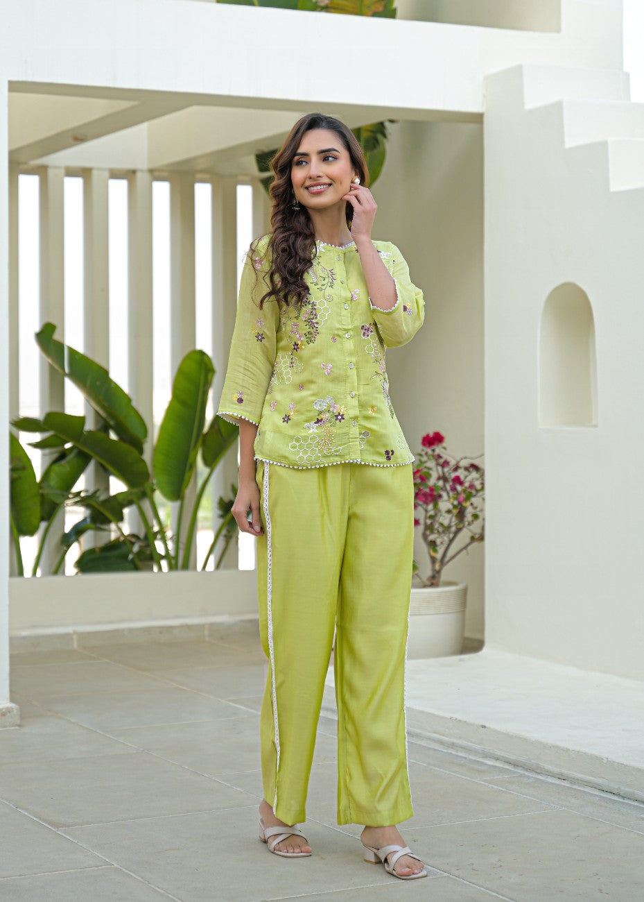 Lime Green Embroidered Kurta & Palazzo Co-Ord Set