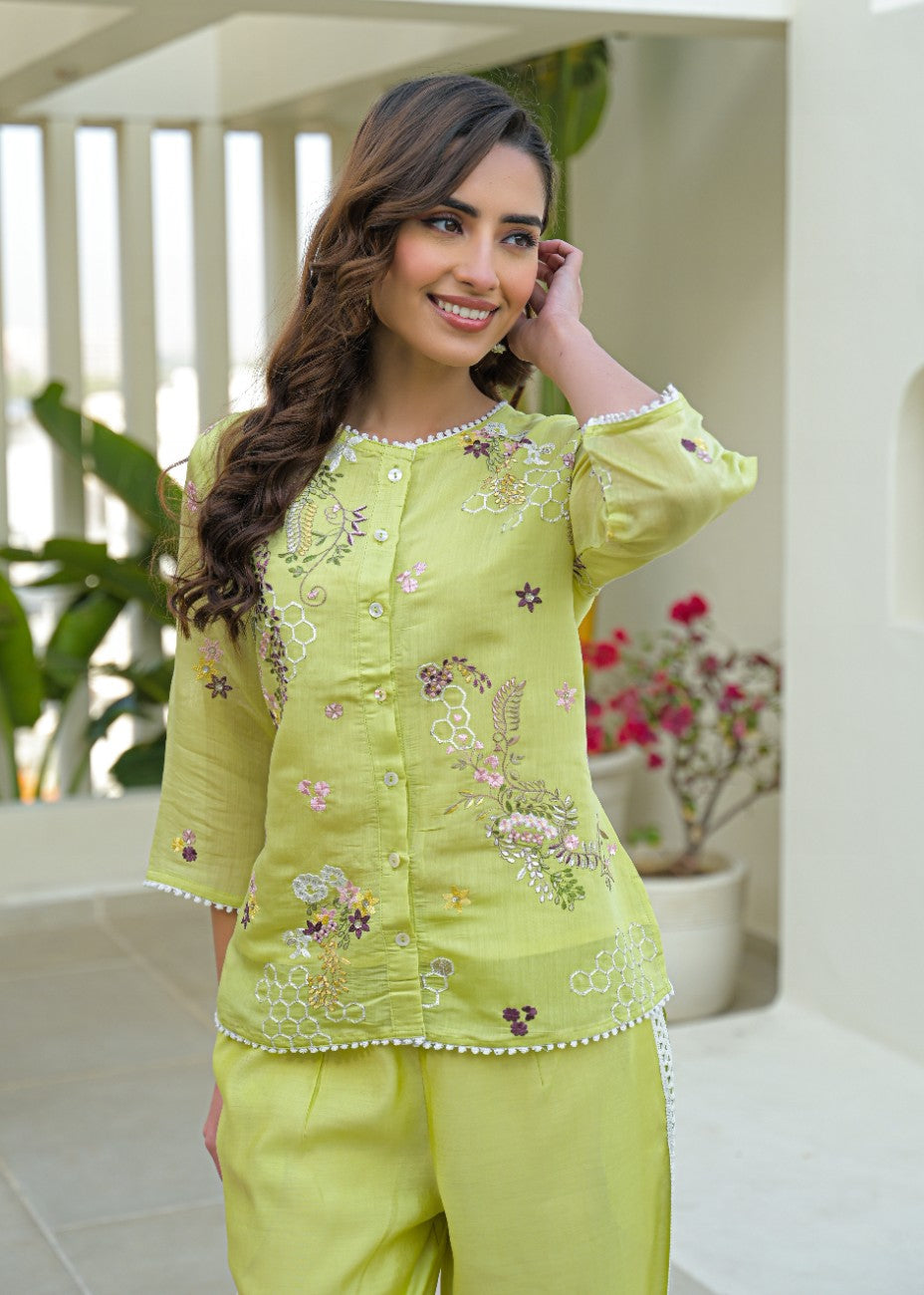 Lime Green Embroidered Kurta & Palazzo Co-Ord Set