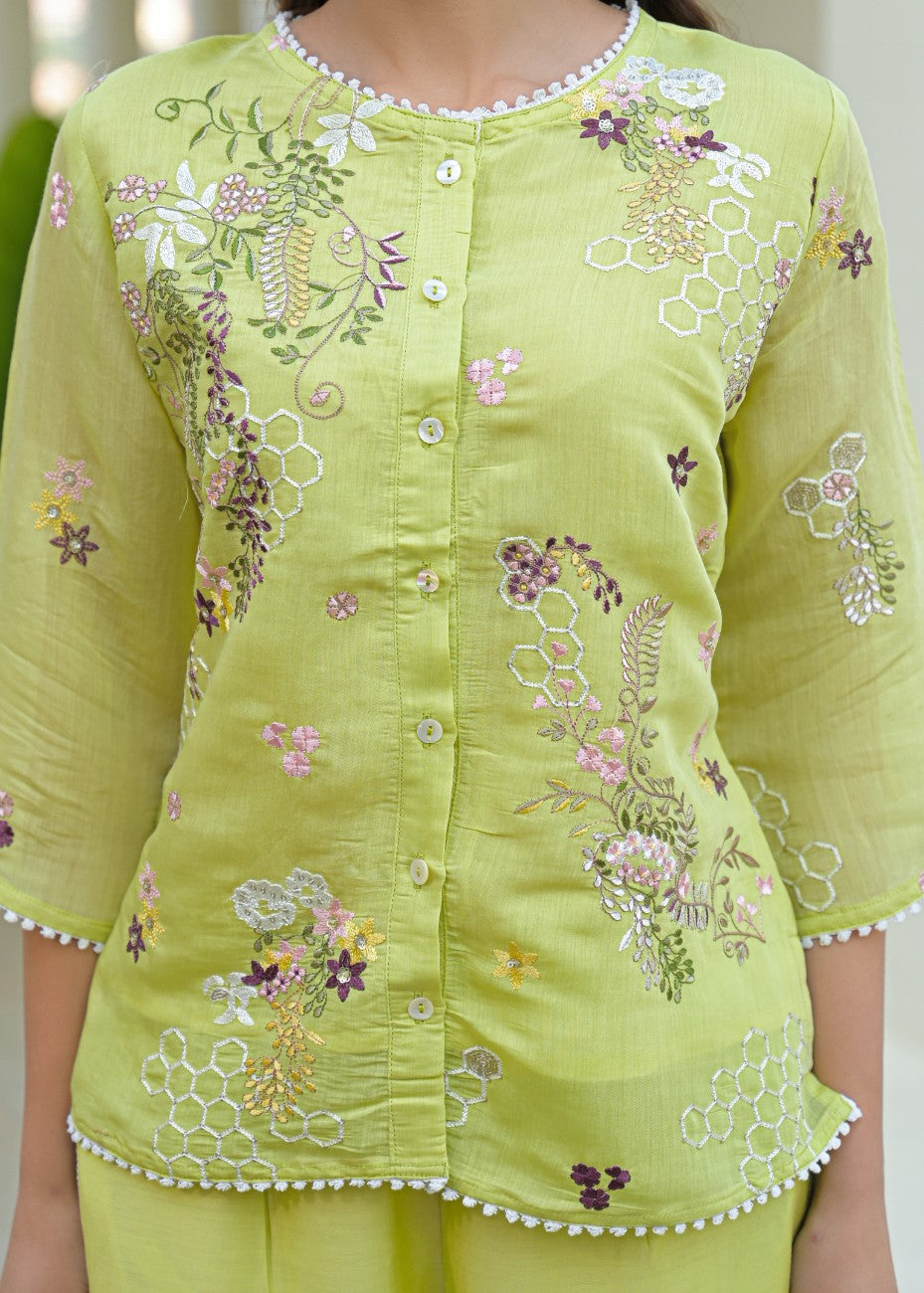 Lime Green Embroidered Kurta & Palazzo Co-Ord Set