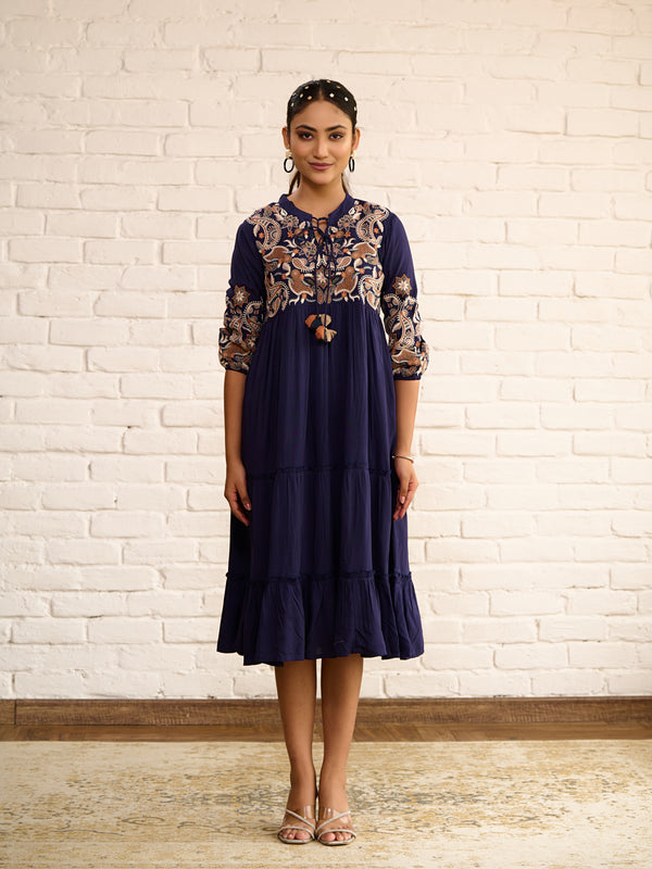 Navy Blue Cotton Midi Dress