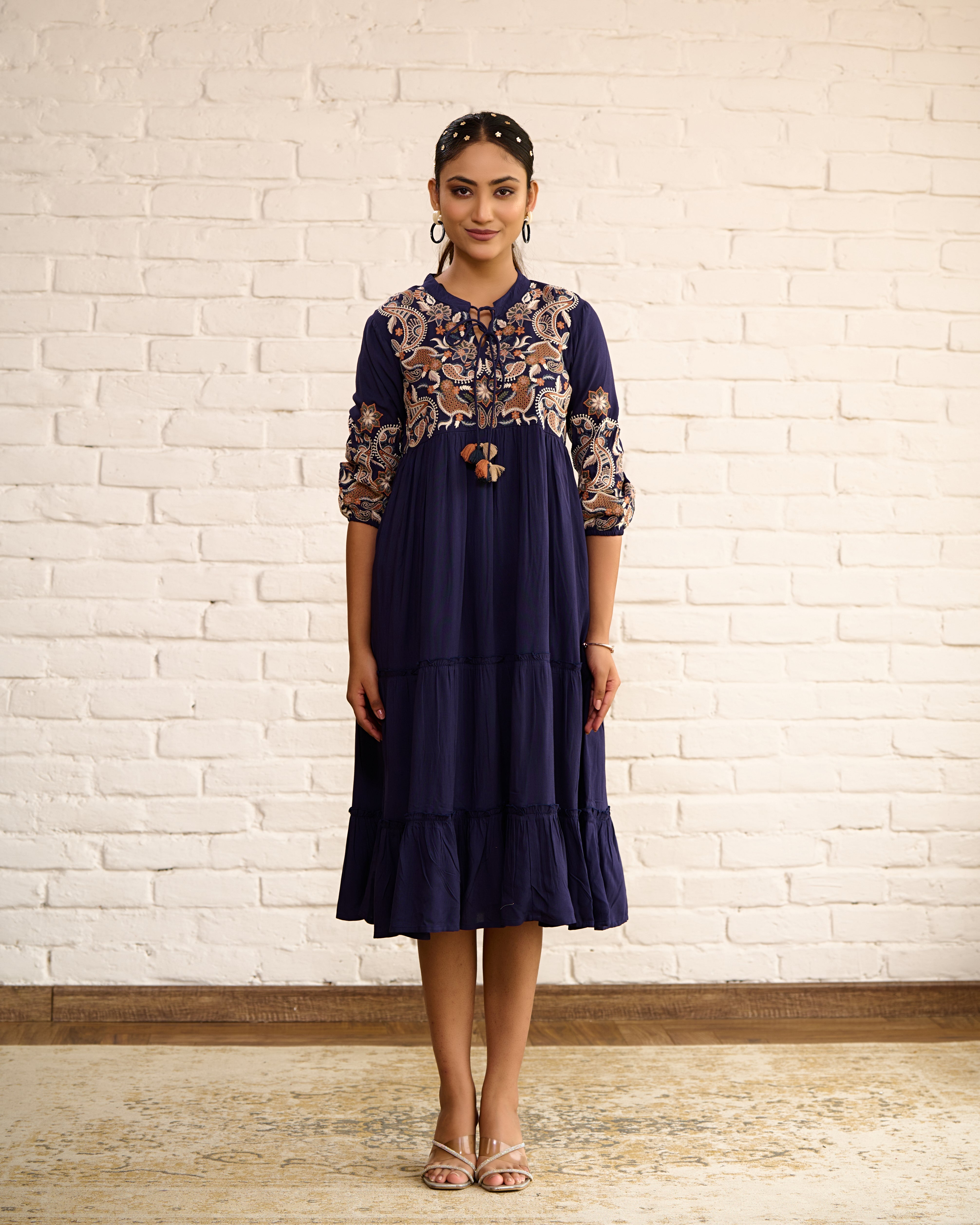 Navy Blue Cotton Midi Dress