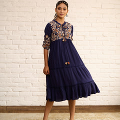 Navy Blue Cotton Midi Dress