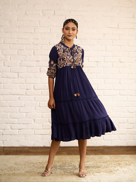 Navy Blue Cotton Midi Dress