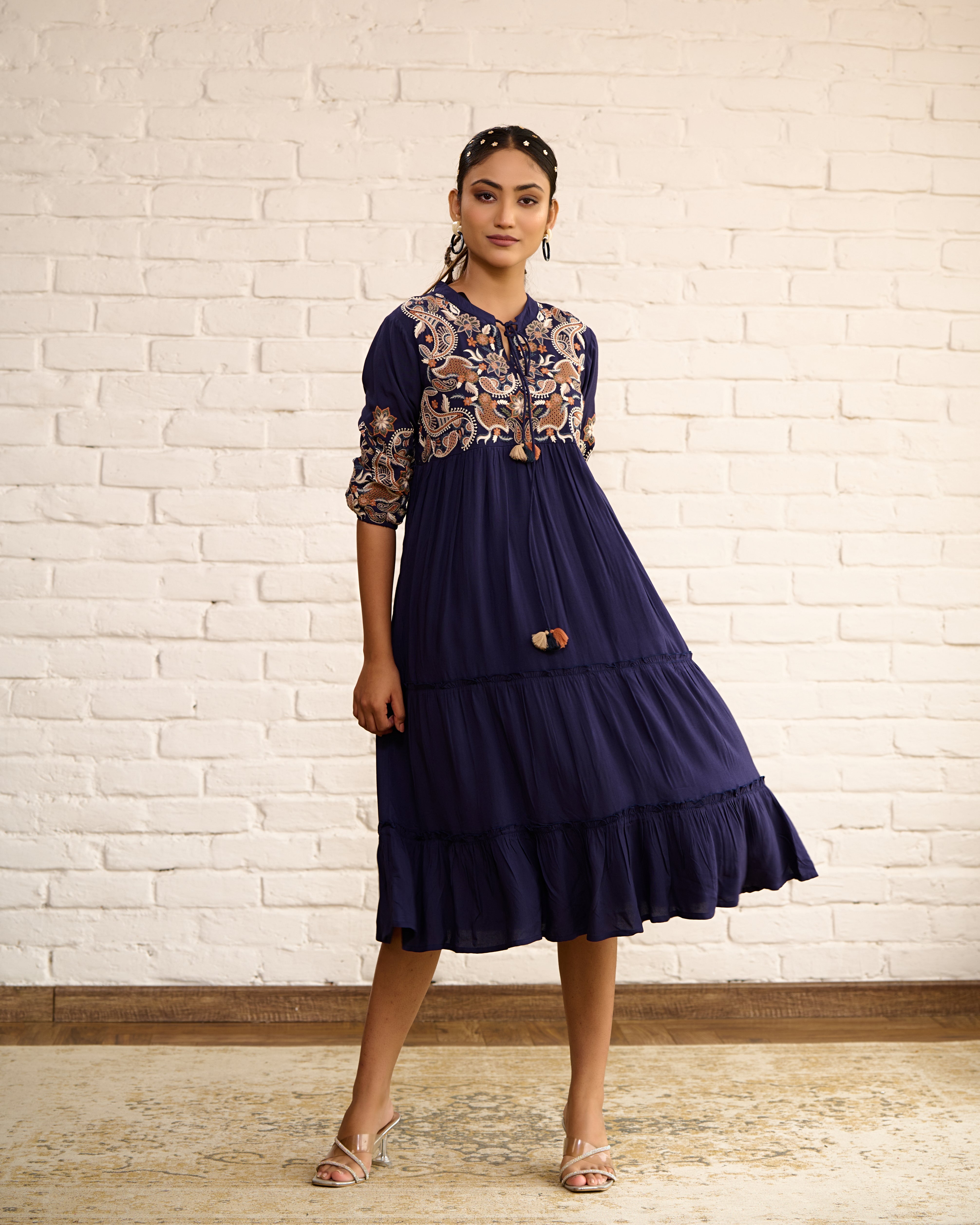 Navy Blue Cotton Midi Dress
