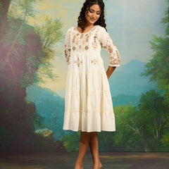 Off White Embroidery Work Midi Dress