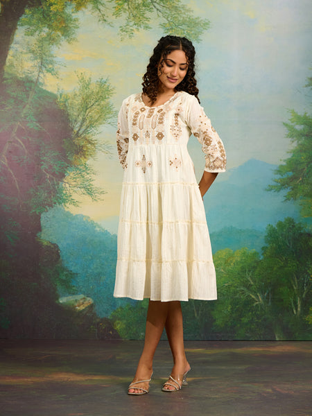 Off White Embroidery Work Midi Dress