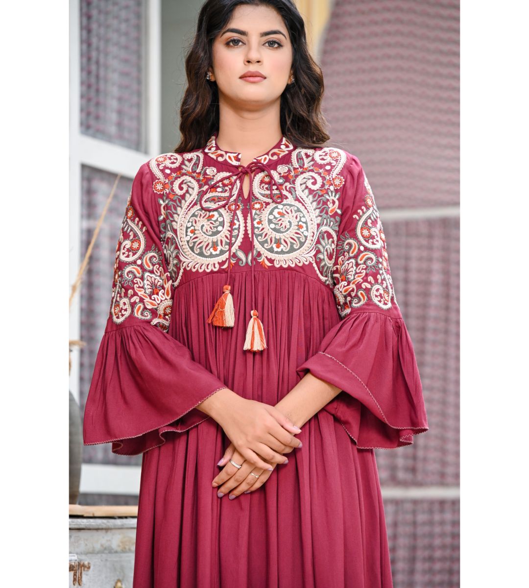 Maroon embroidered Maxi Dress