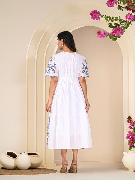 Flawless White Embroidered Cotton Midi Dress