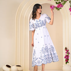 Flawless White Embroidered Cotton Midi Dress