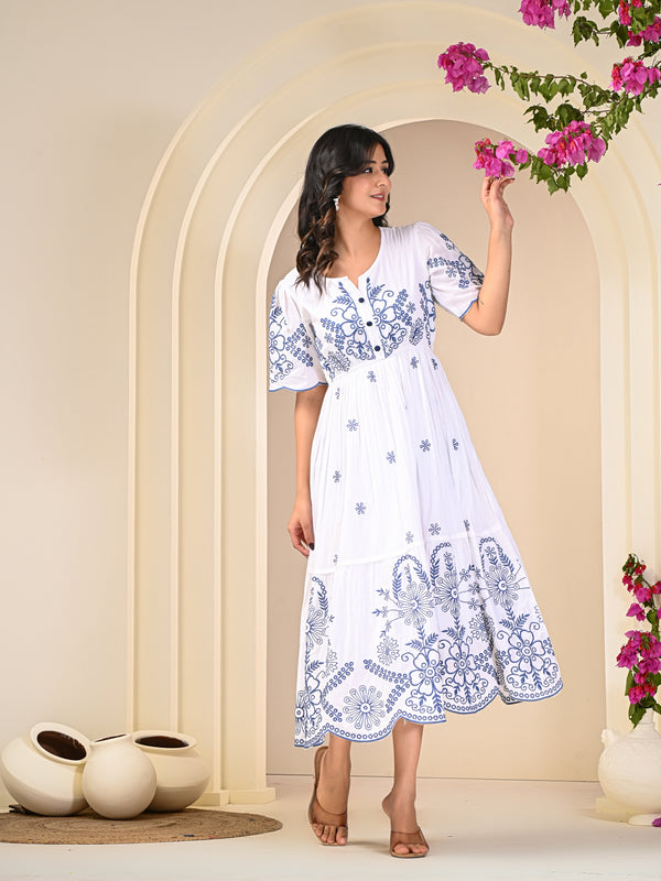 Flawless White Embroidered Cotton Midi Dress