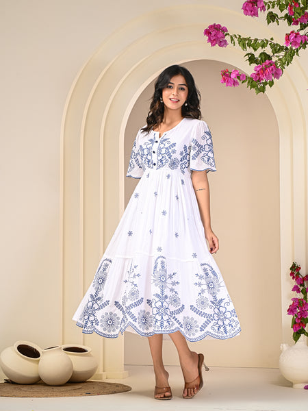 Flawless White Embroidered Cotton Midi Dress