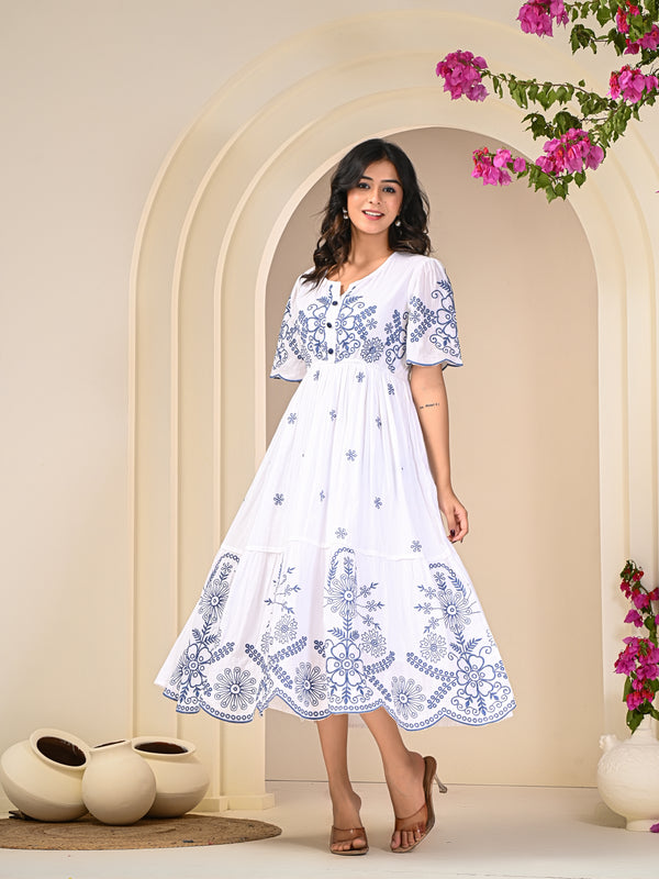 Flawless White Embroidered Cotton Midi Dress