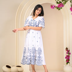 Flawless White Embroidered Cotton Midi Dress