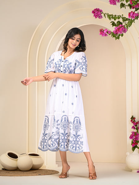 Flawless White Embroidered Cotton Midi Dress