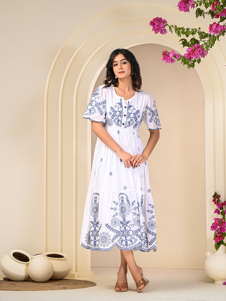 Flawless White Embroidered Cotton Midi Dress