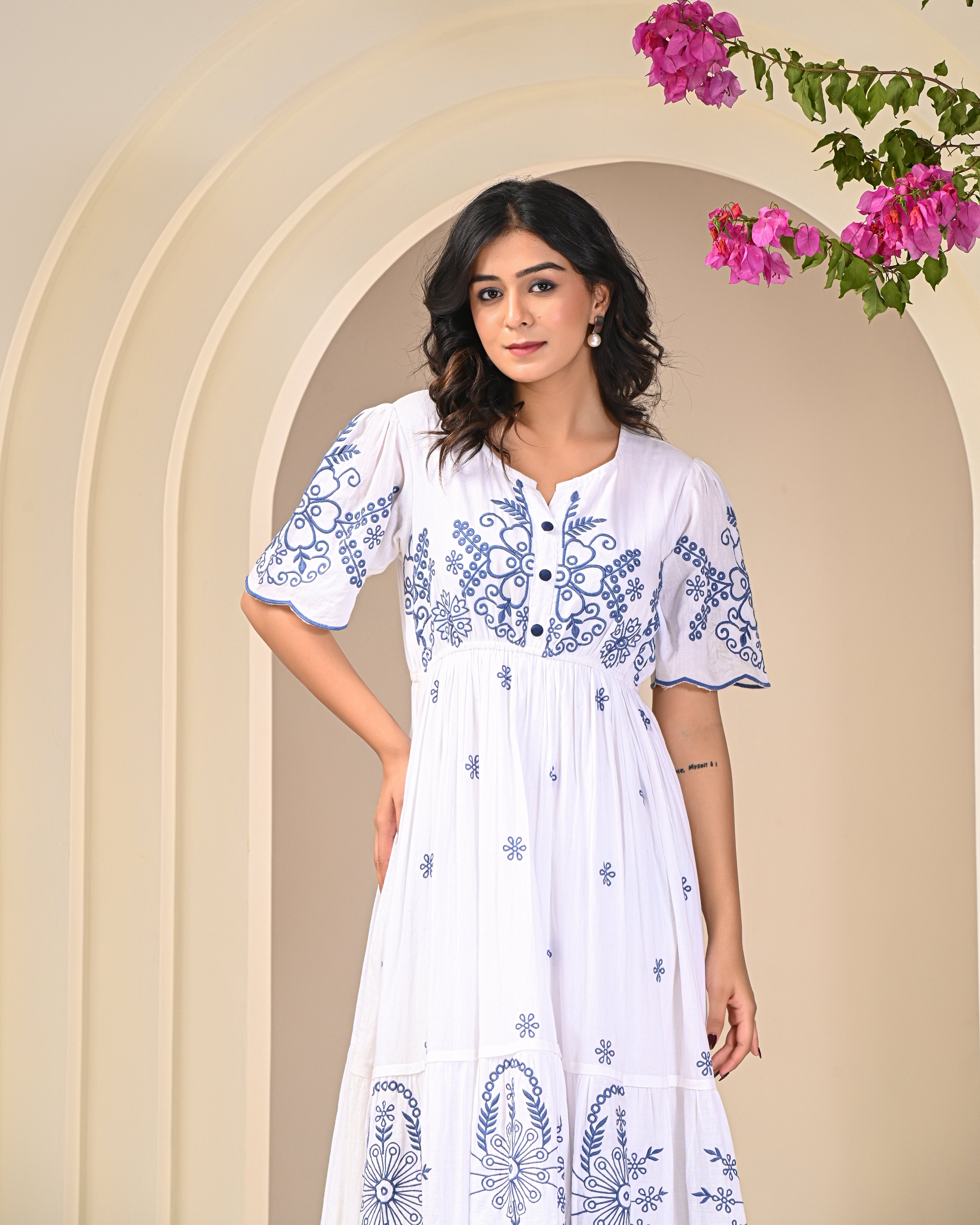 Flawless White Embroidered Cotton Midi Dress