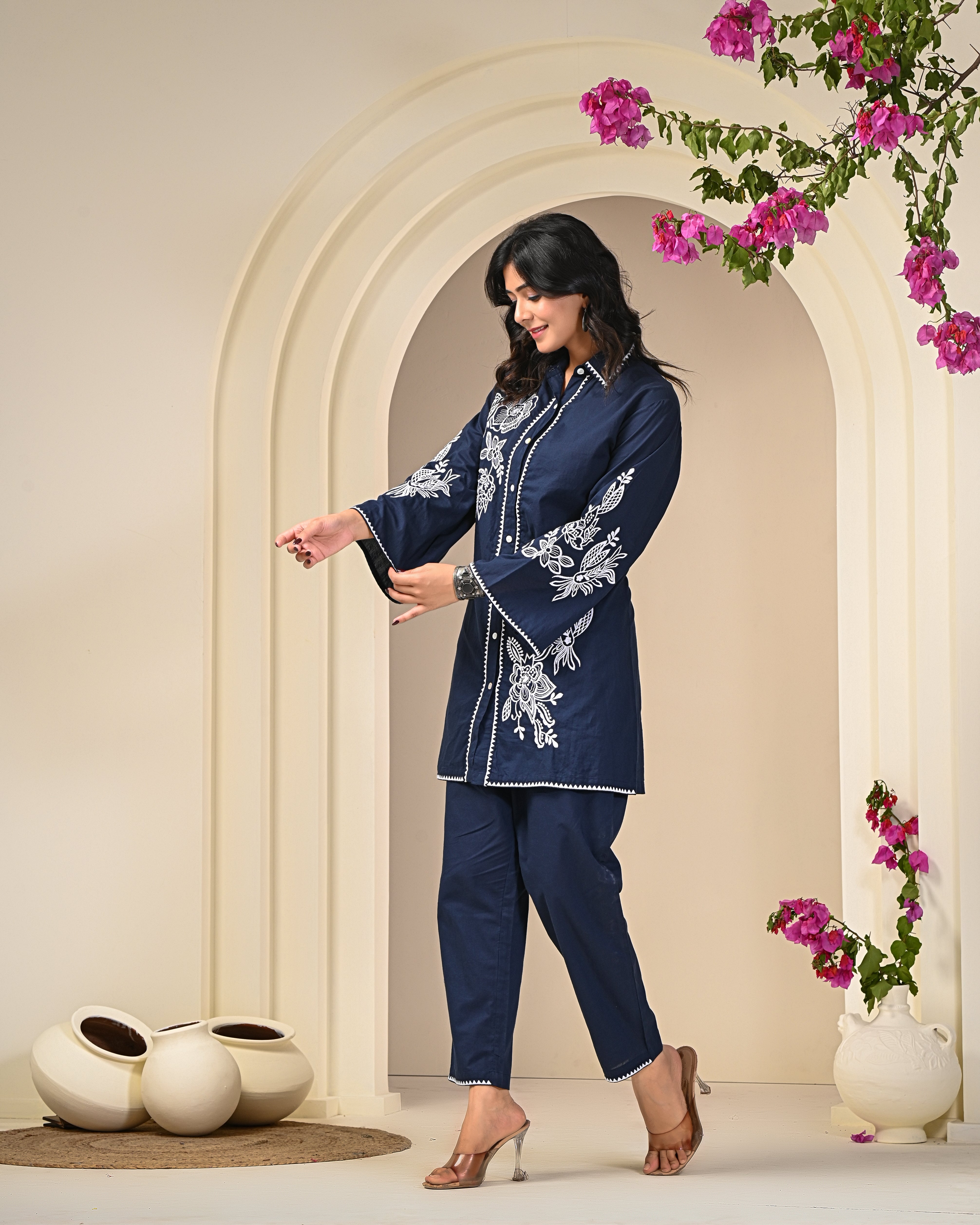 Navy Blue White Embroidered Co-ord Set