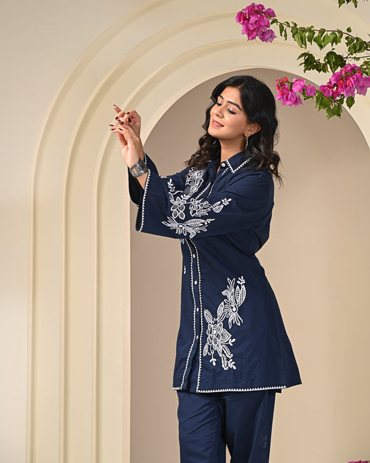 Navy Blue White Embroidered Co-ord Set