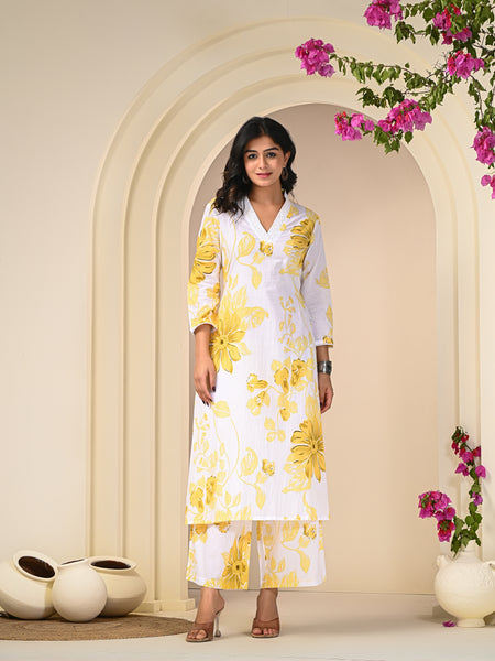 Yellow White Printed Co-Ord Set