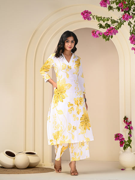 Yellow White Printed Co-Ord Set