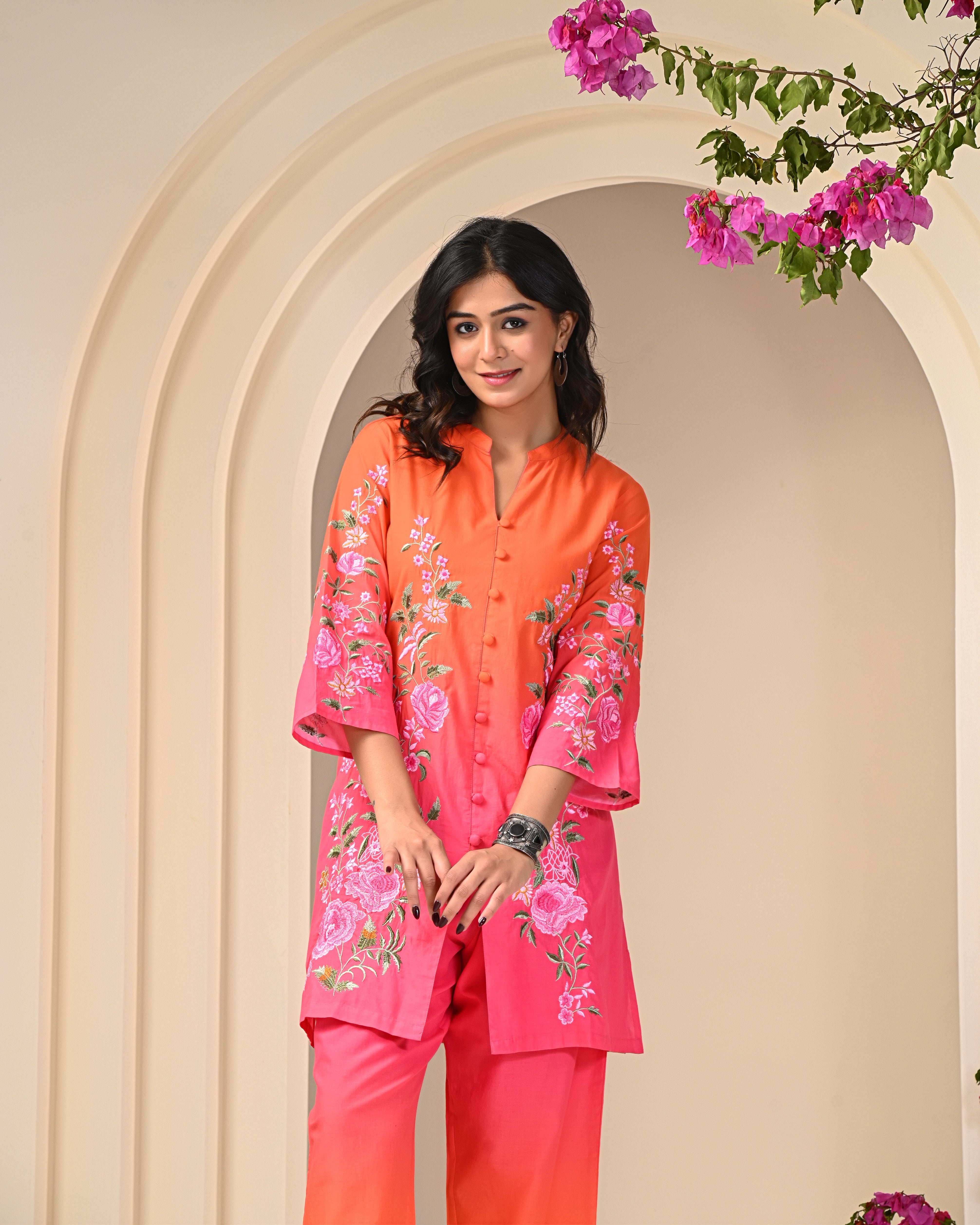 Pink Orange Ombre Embroidered Co-ord Set