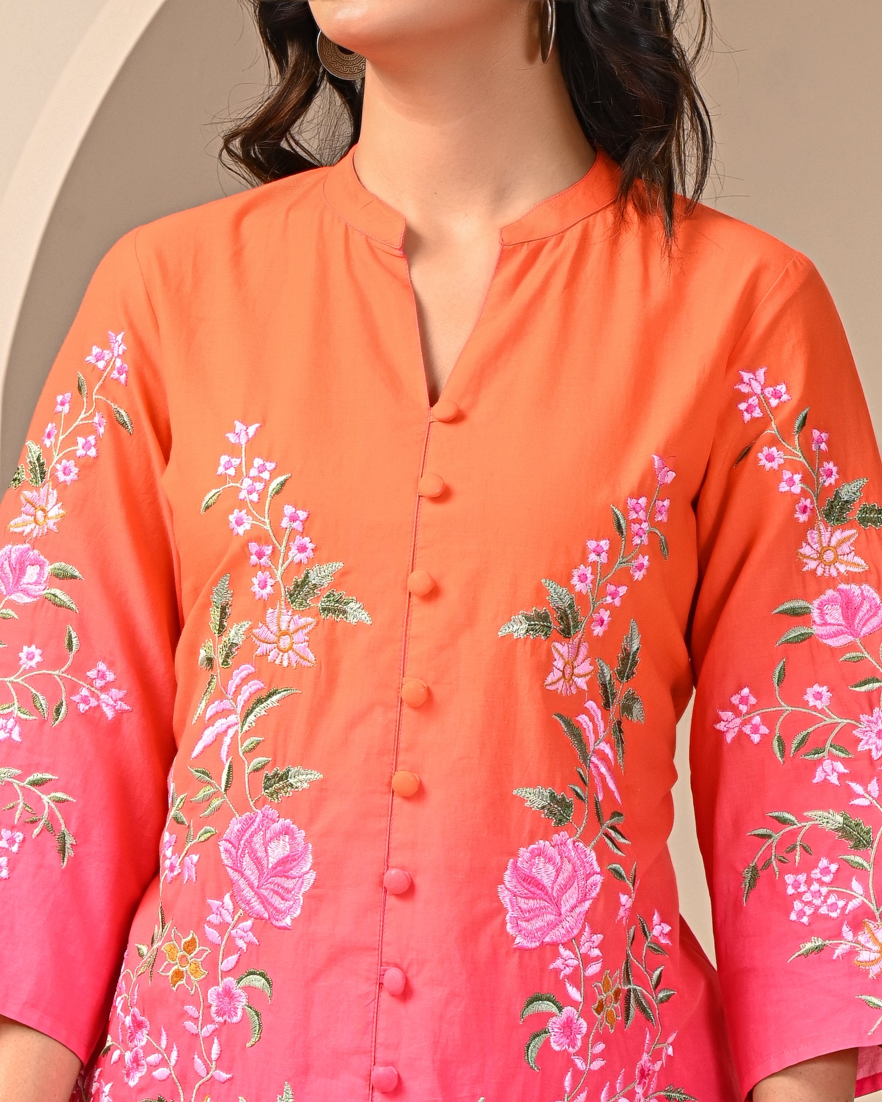 Pink Orange Ombre Embroidered Co-ord Set