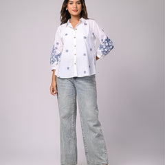 Elegant White Button-Down Shirt with Blue Floral Detailing