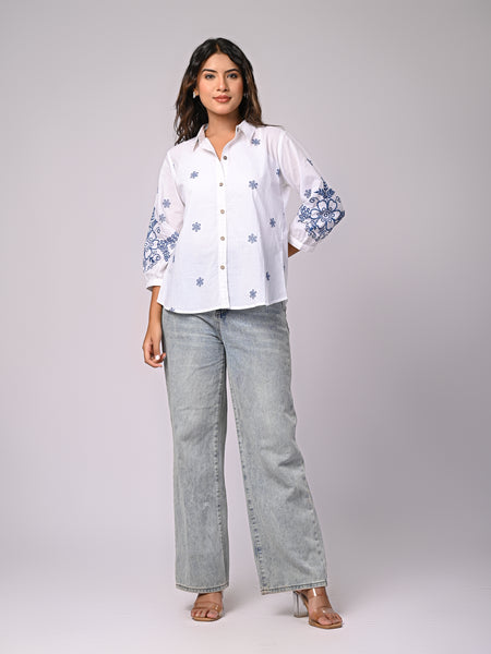 Elegant White Button-Down Shirt with Blue Floral Detailing