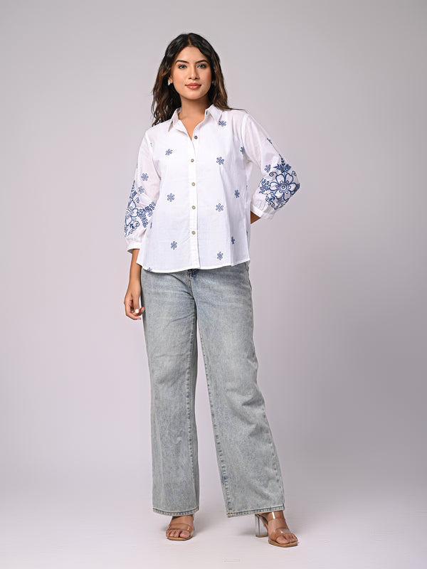 Elegant White Button-Down Shirt with Blue Floral Detailing