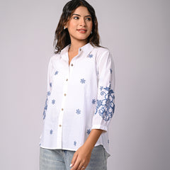 Elegant White Button-Down Shirt with Blue Floral Detailing