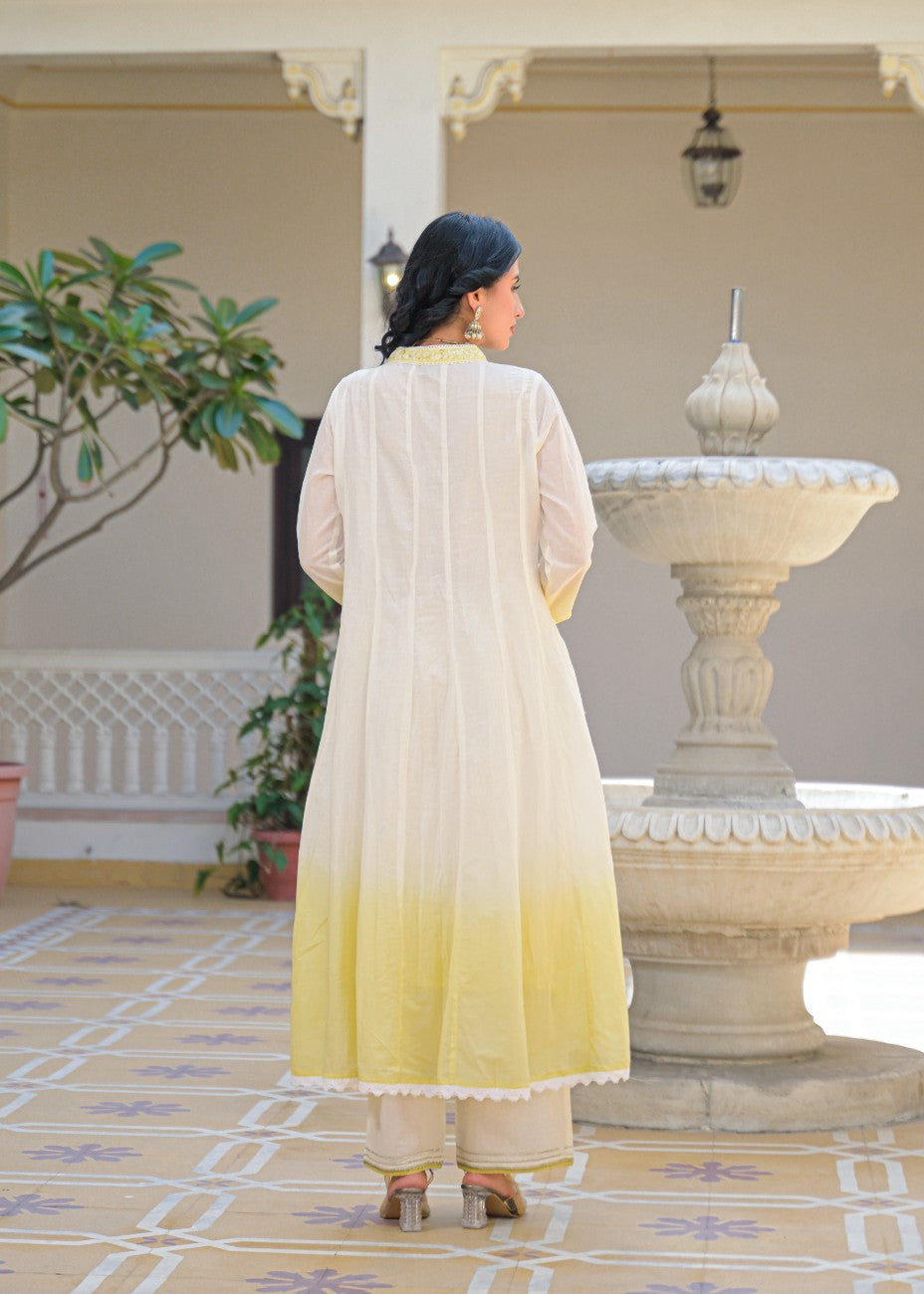 Ivory & Sunshine Yellow Embroidered Anarkali Suit Set