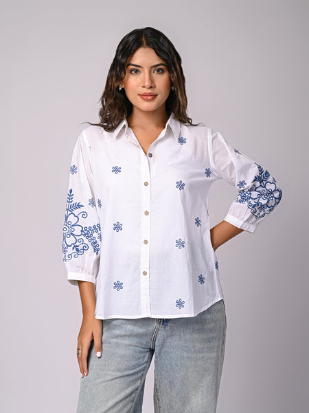 Elegant White Button-Down Shirt with Blue Floral Detailing