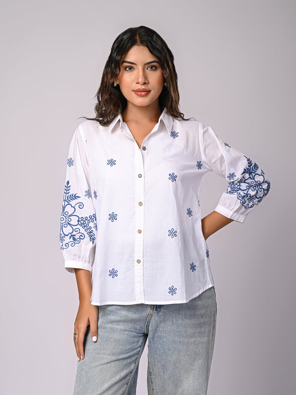 Elegant White Button-Down Shirt with Blue Floral Detailing