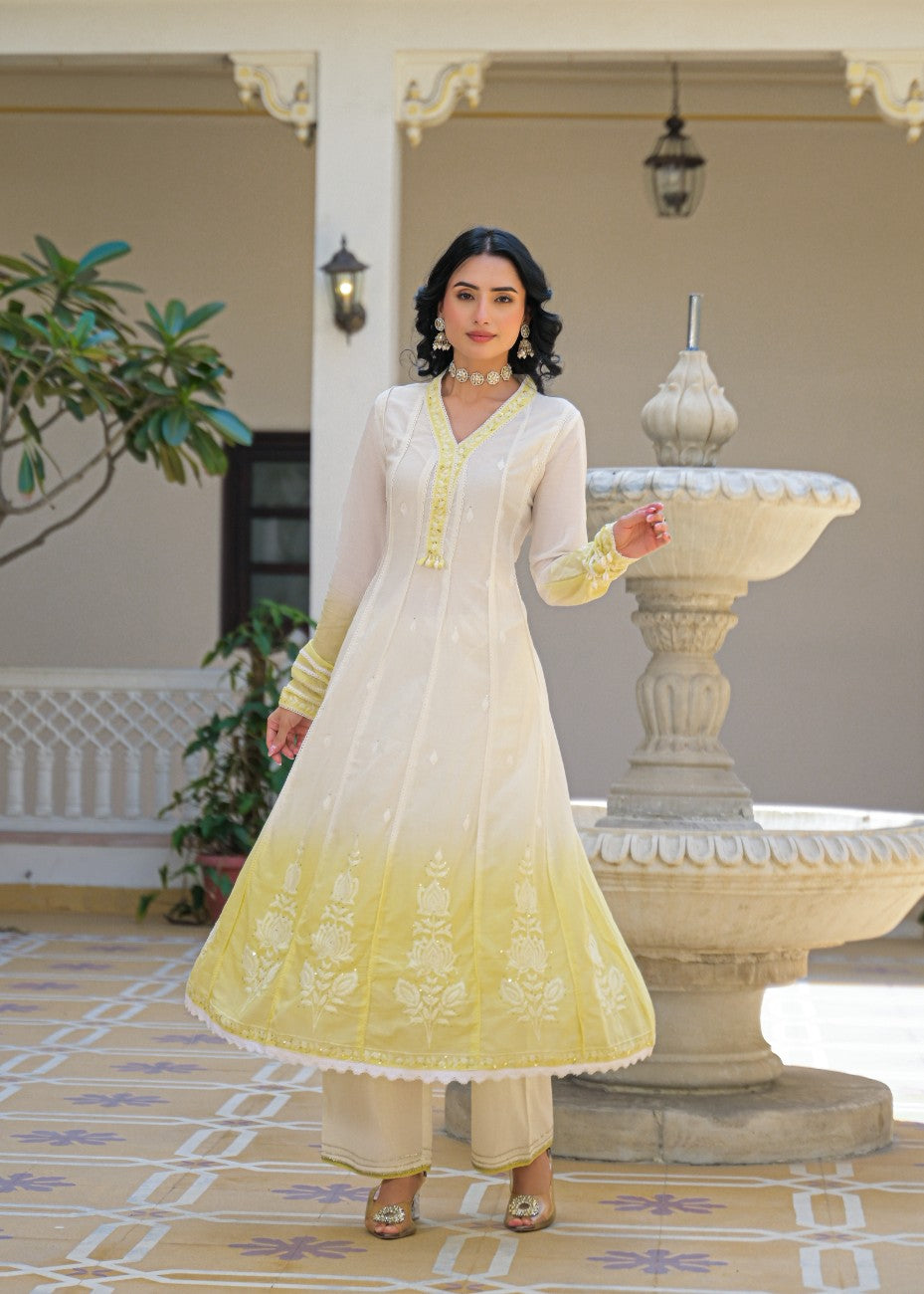 Ivory & Sunshine Yellow Embroidered Anarkali Suit Set