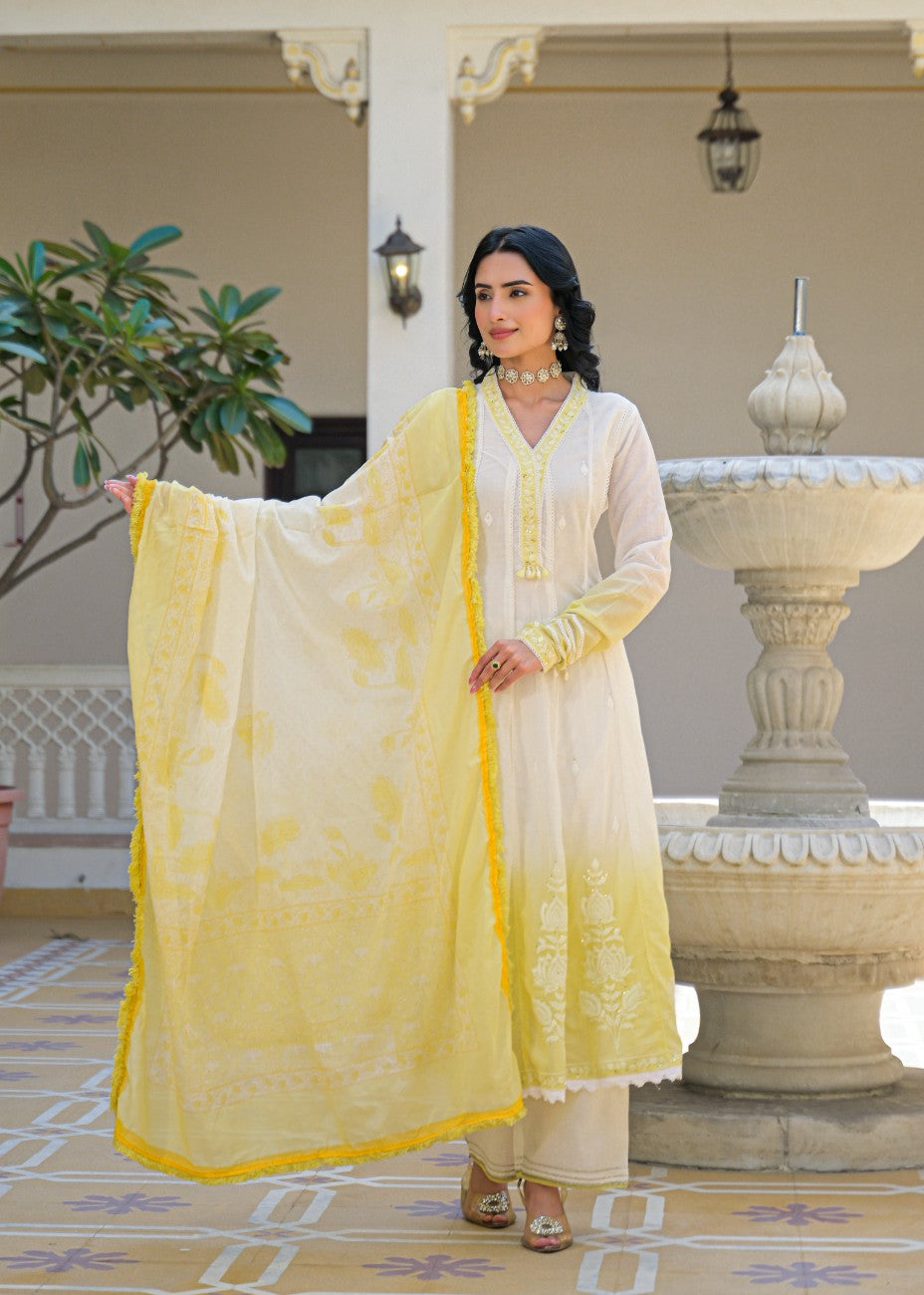 Ivory & Sunshine Yellow Embroidered Anarkali Suit Set