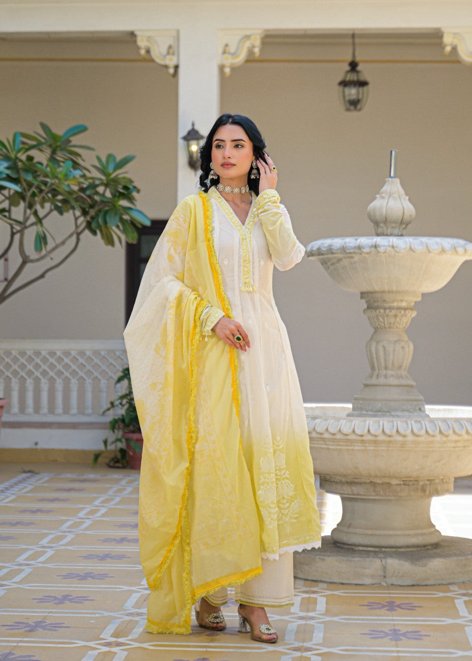 Ivory & Sunshine Yellow Embroidered Anarkali Suit Set