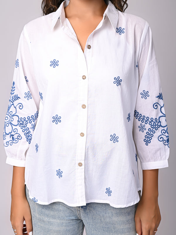 Elegant White Button-Down Shirt with Blue Floral Detailing