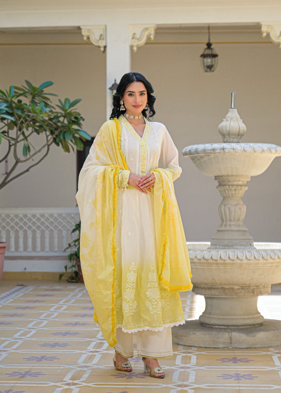 Ivory & Sunshine Yellow Embroidered Anarkali Suit Set