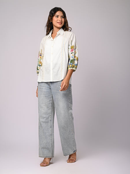 White Cotton Shirt with Multicolor Embroidered Balloon Sleeves