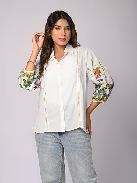 White Cotton Shirt with Multicolor Embroidered Balloon Sleeves