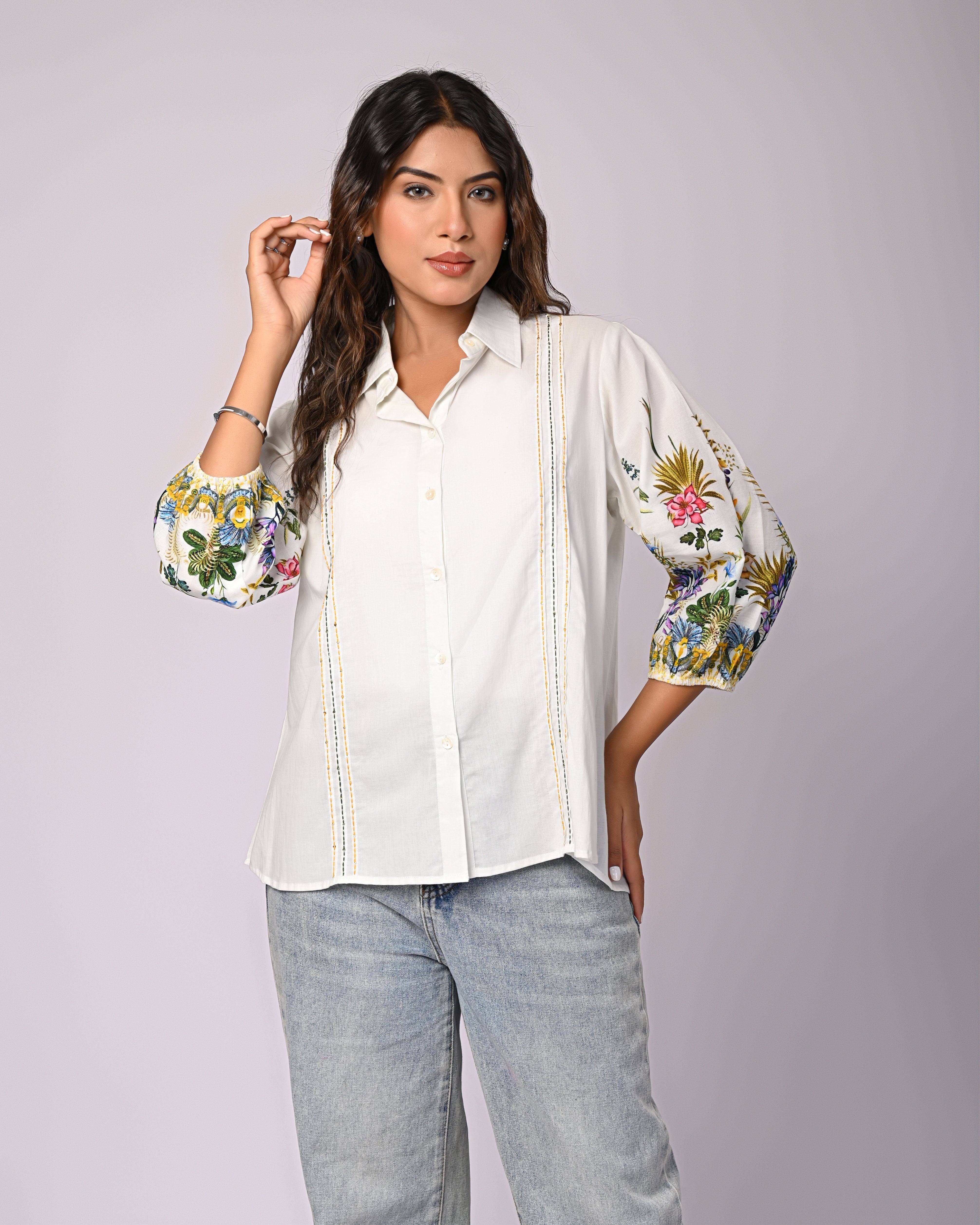 White Cotton Shirt with Multicolor Embroidered Balloon Sleeves