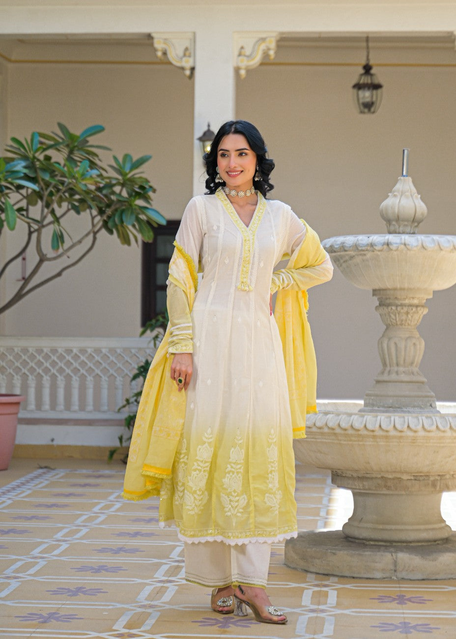 Ivory & Sunshine Yellow Embroidered Anarkali Suit Set