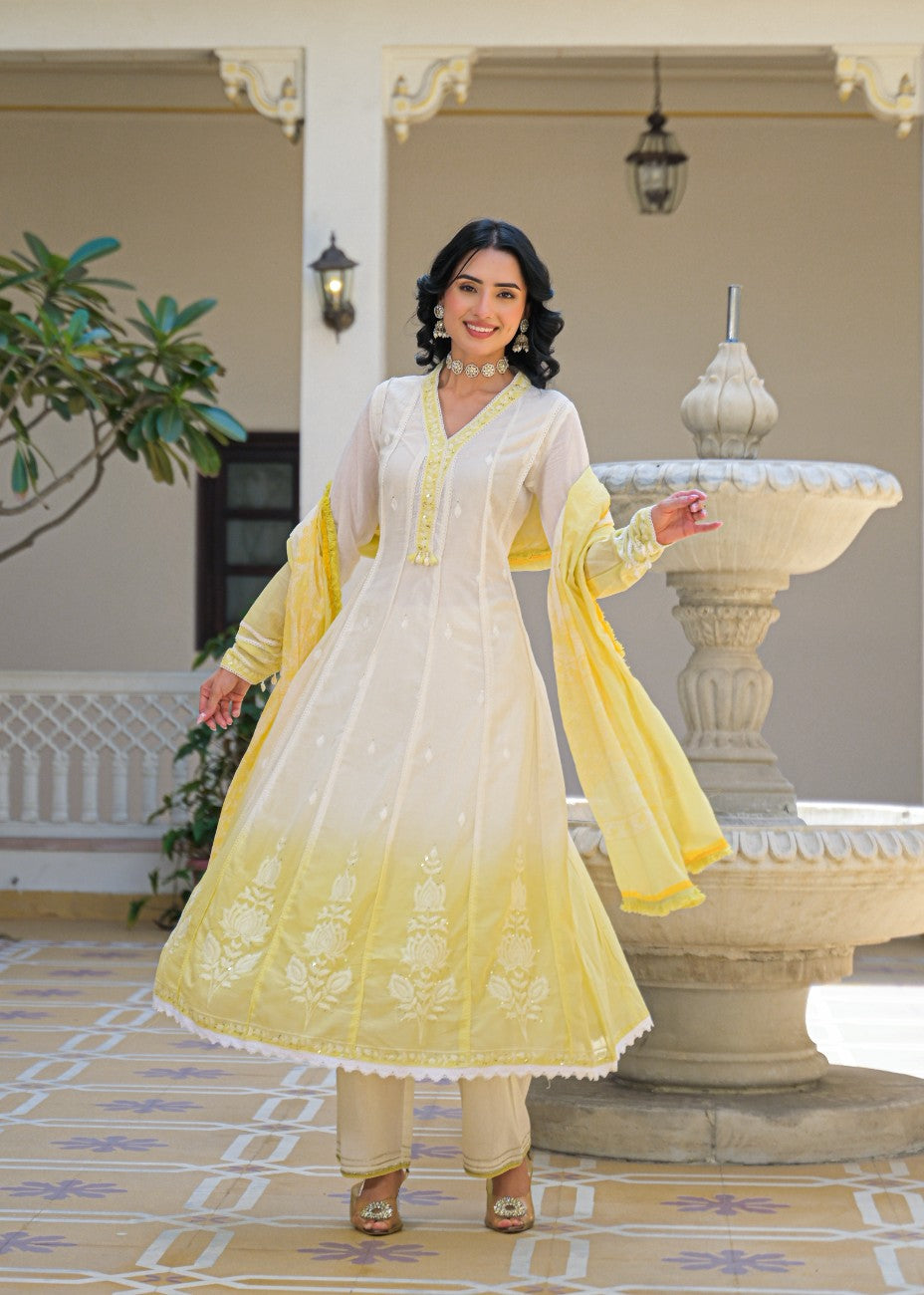 Ivory & Sunshine Yellow Embroidered Anarkali Suit Set