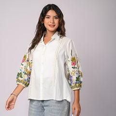 White Cotton Shirt with Multicolor Embroidered Balloon Sleeves