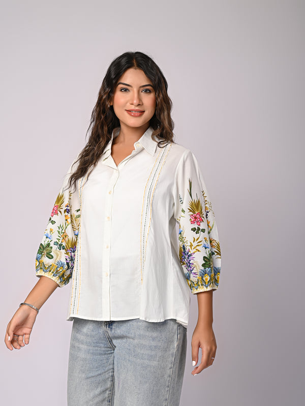 White Cotton Shirt with Multicolor Embroidered Balloon Sleeves