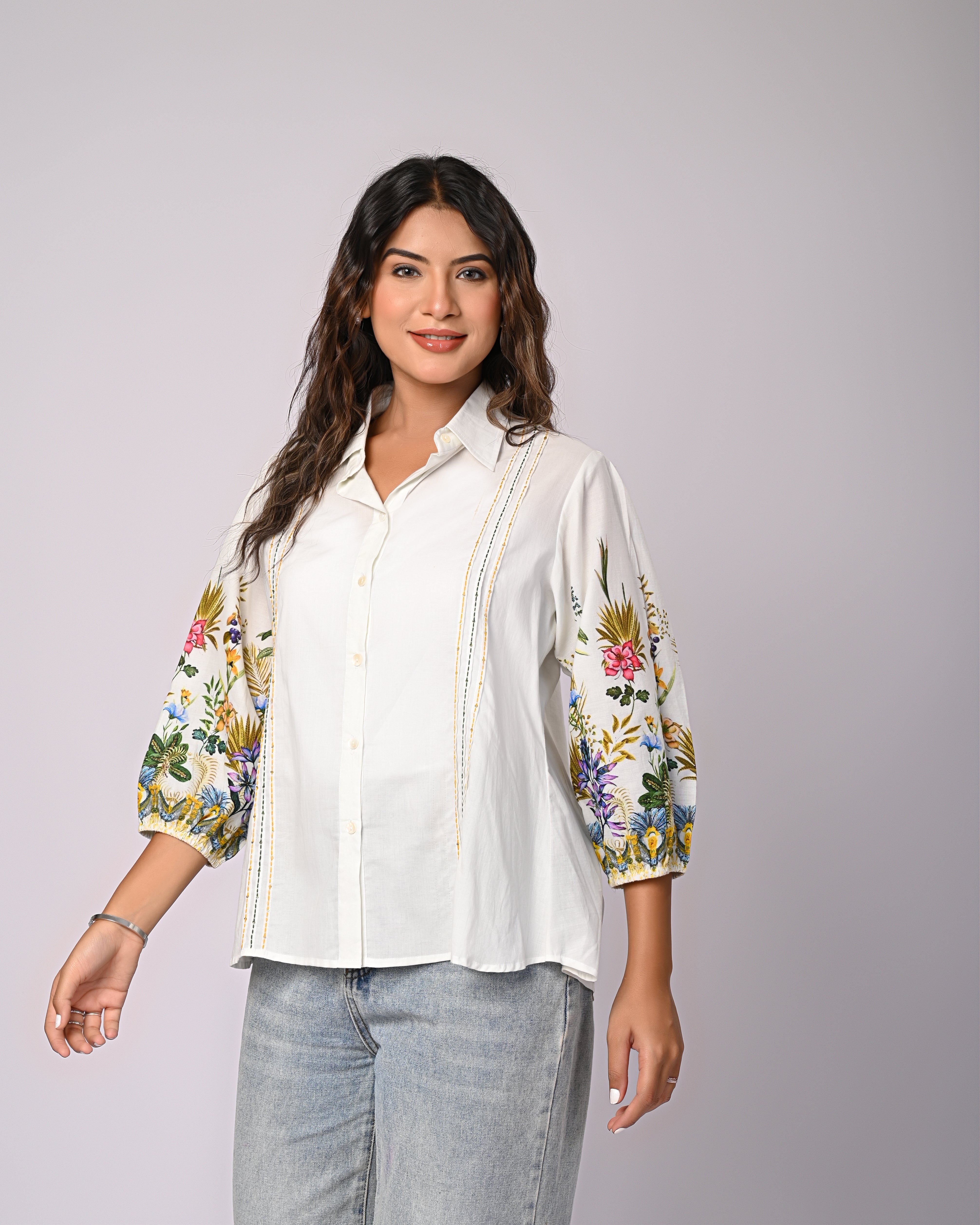 White Cotton Shirt with Multicolor Embroidered Balloon Sleeves