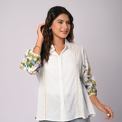 White Cotton Shirt with Multicolor Embroidered Balloon Sleeves
